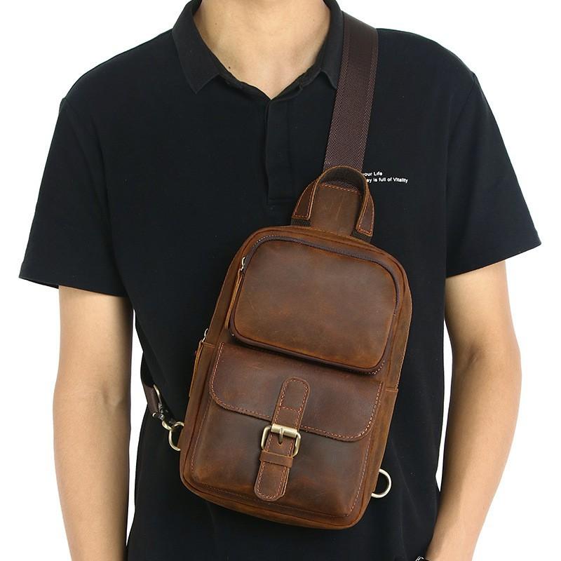 Crazy Horse Leather Chest Bag Men's Retro Crossbody New Top Layer Cowhide Front Shoulder