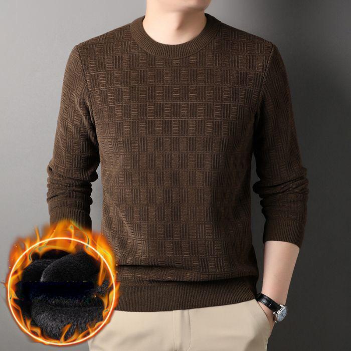 

Осенне-зимний плюшевый свитер, мужской толстый теплый вязаный свитер, средний возраст, круглый вырез, большая повседневная нижняя рубашка 4XL