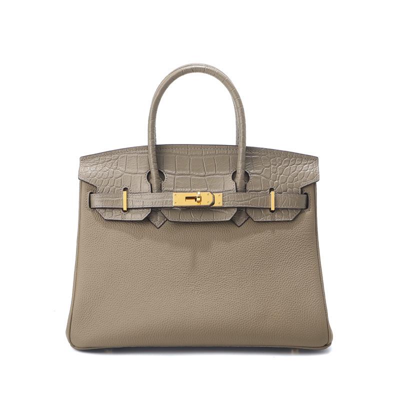 Sac à Bandoulière en Cuir de Vachette Motif Crocodile, Grand Sac à Main Rétro Style Kelly pour Femmes