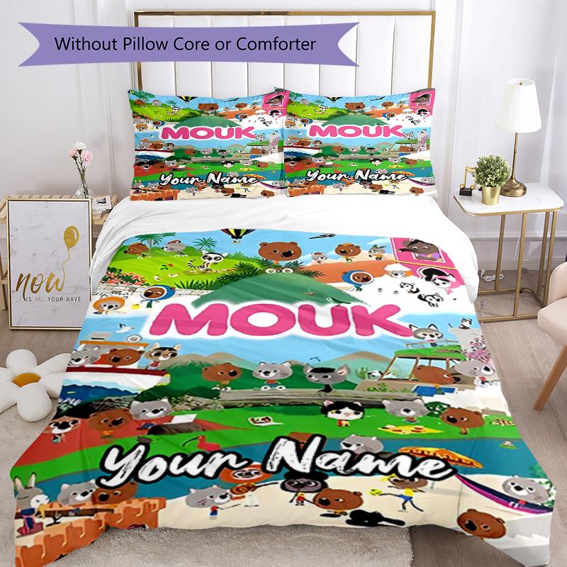 3pcs Custom Name Mouk Bedding Set Duvet Cover Closure Includes 1 Duvet Cover & 2 Pillowcases, Soft and Comfortable for All Seasons.