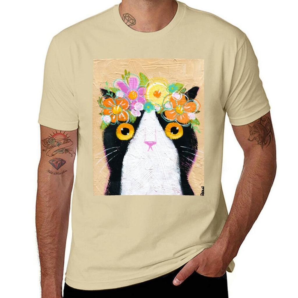 Kittys Flower Crown TShirt Aesthetic Clothes Customs for a Boy Black Tshirts for Men