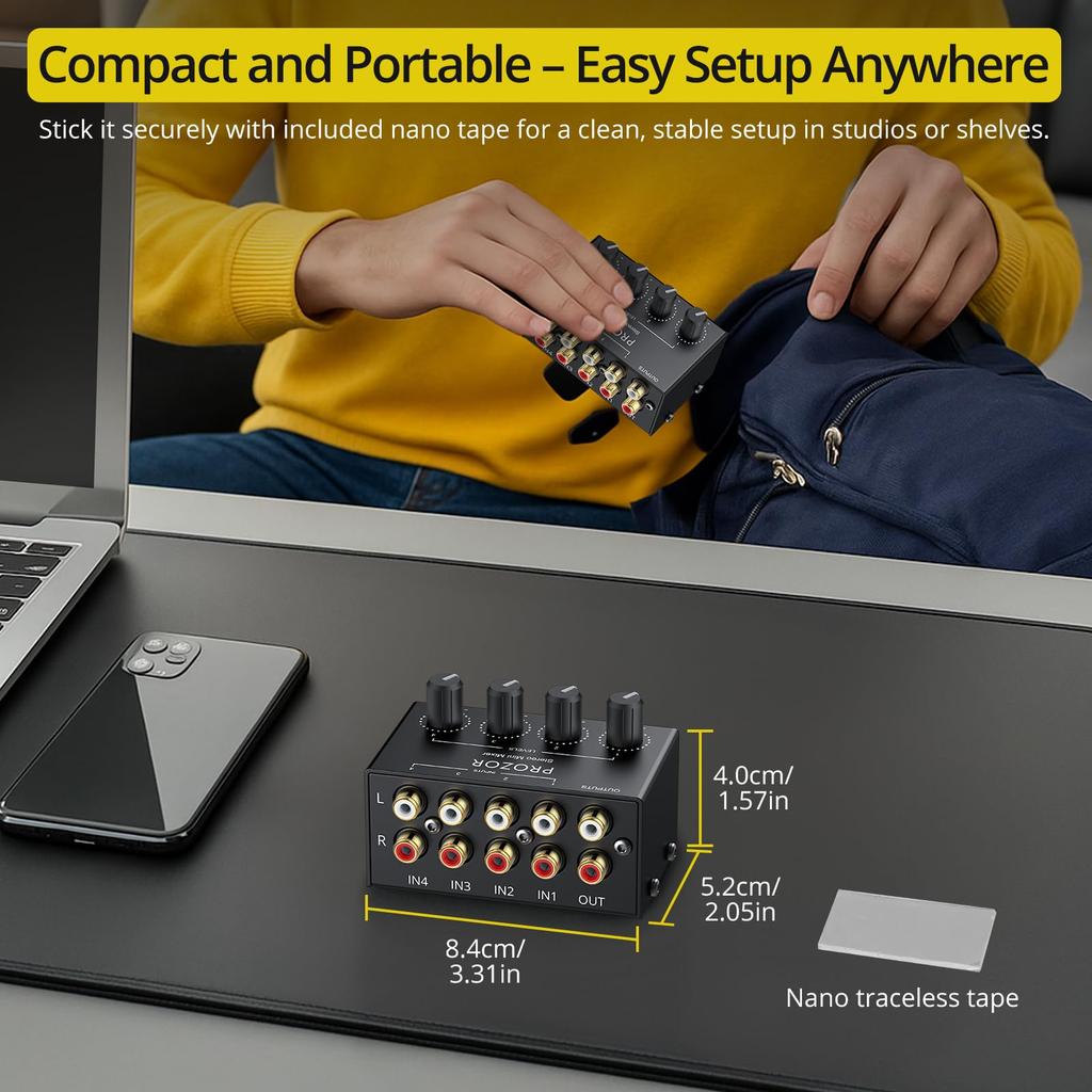 PROZOR Stereo Audio Mixer 4 Channel RCA Interface 4 Input 1 Output Mini Stereo Sound Mixer Passive Stereo Mixer Metal Shell Japanese Instruction