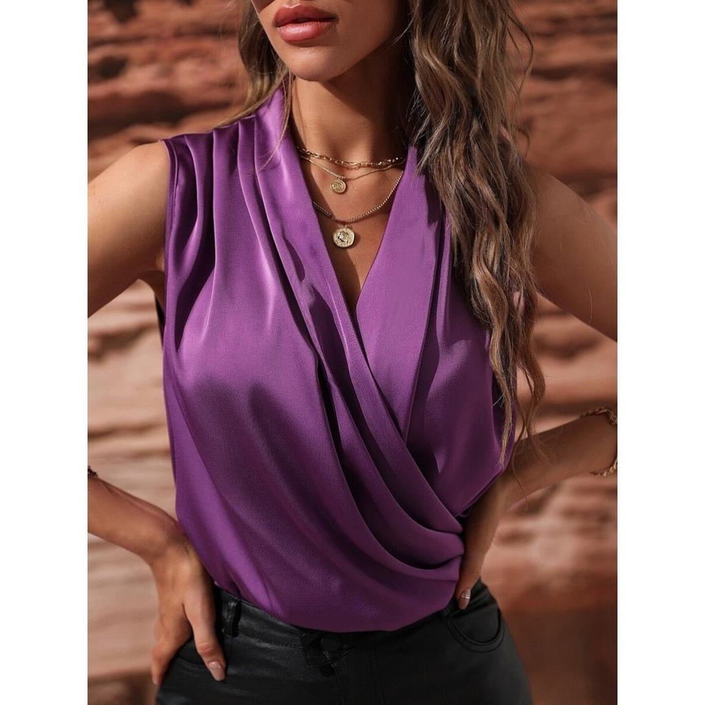 Women's Spring and Summer Sleeveless Satin Shirt Pleated Vest New Sexy Shirt