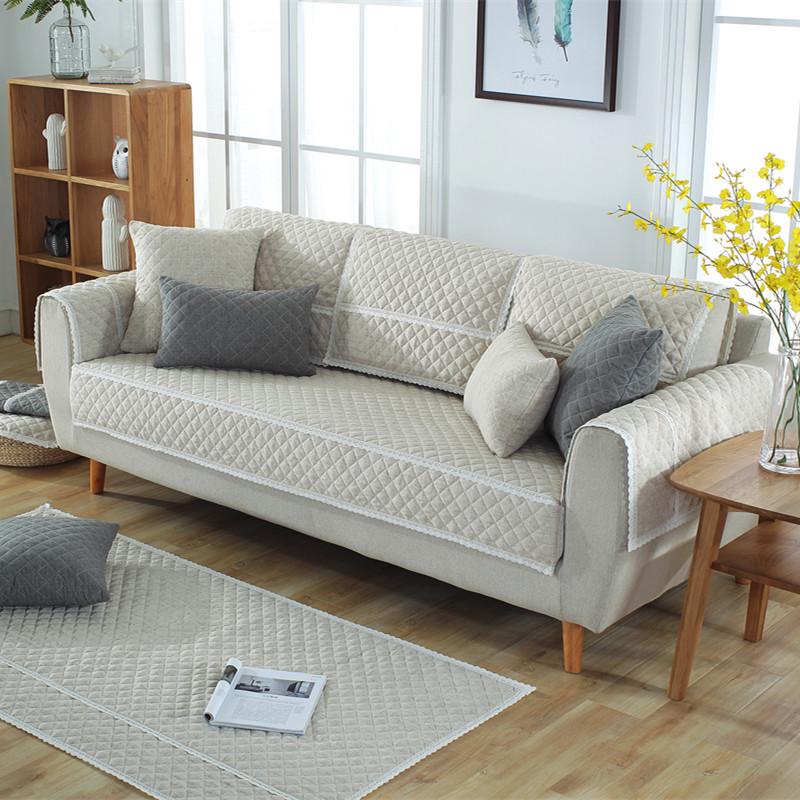 New Linen Solid Color Quilted Simple Fabric Sofa Cushion Cushion Non-Slip Sofa Cover