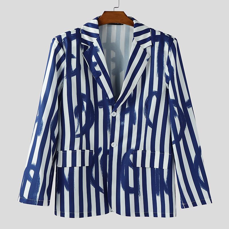 INCERUN Oversized Spring Men Lapel Neck Long Sleeve Striped Button Thin Blazer Coats