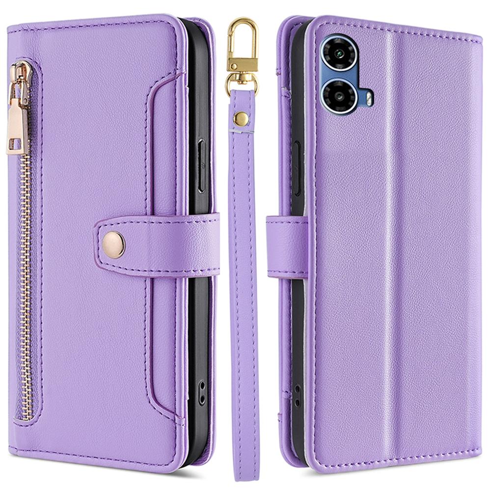 For Motorola Moto G45 5G/G34 5G Leather Case with Shoulder Strap Zipper Wallet Phone Cover