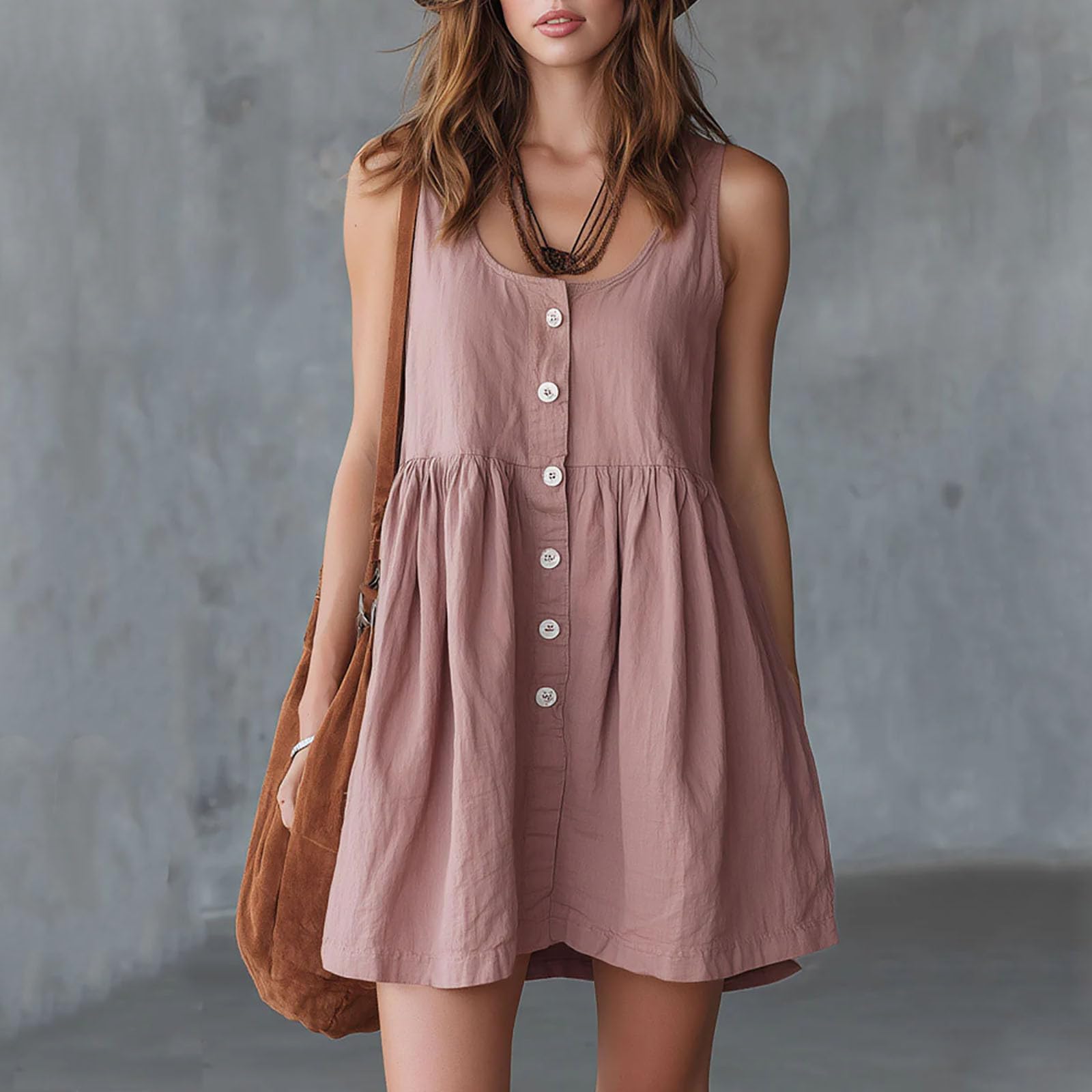 

Sleeveless Button Front Mini Dress Casual Loose Fit Summer Sundress Lightweight Soft Fabric Tank Style XL розовый