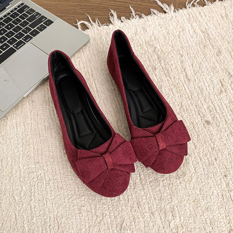 Large size flat-bottomed casual single shoes for women's new suede bow round head beanie shoes for women