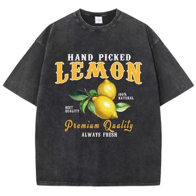 T-shirts Lavés pour Femmes Cueillis à la Main Citron Toujours Frais Imprimé Manches Courtes Coton Col Rond Tops Oversize Vêtements Vintage