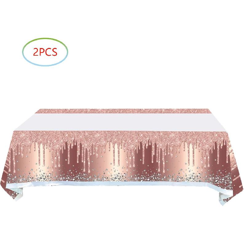 2Pcs Pink Rose Gold Birthday Tablecloth and Table Cover for Girls and Women (71in x 42in)