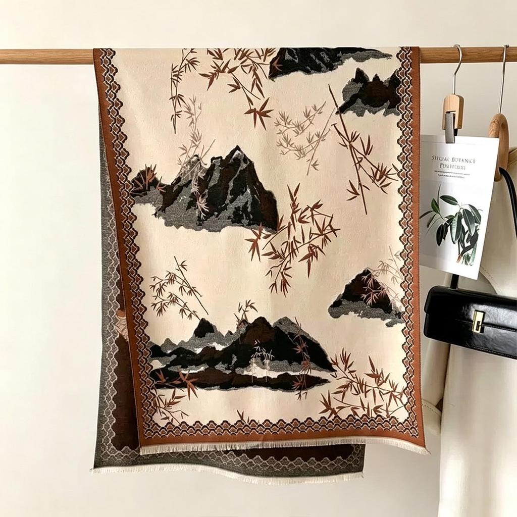 Double-Sided Women's Winter Ink Painting Snood: Imitation Cashmere Scarf for Air-Conditioned Rooms.
