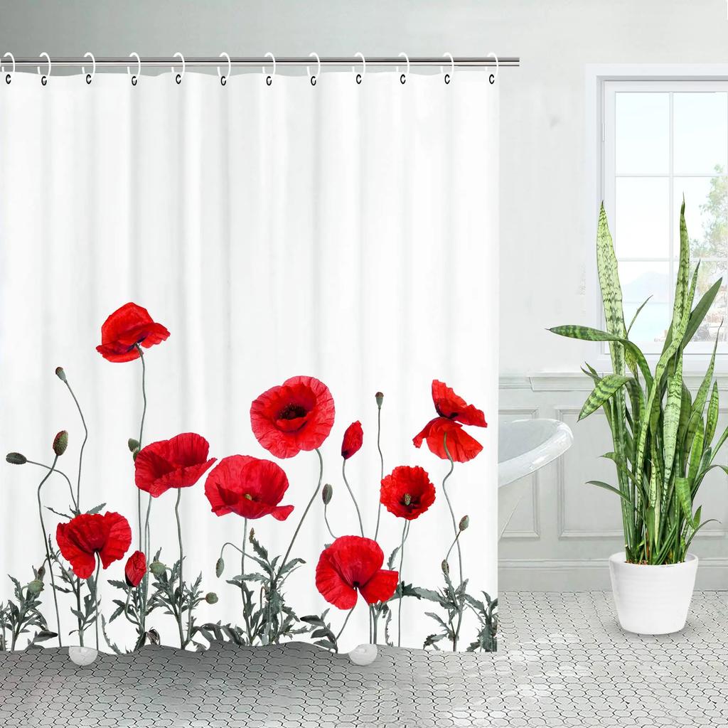 Red Poppy Flower Shower Curtain with Hooks, Washable Fabric, Bathroom Curtains, Floral