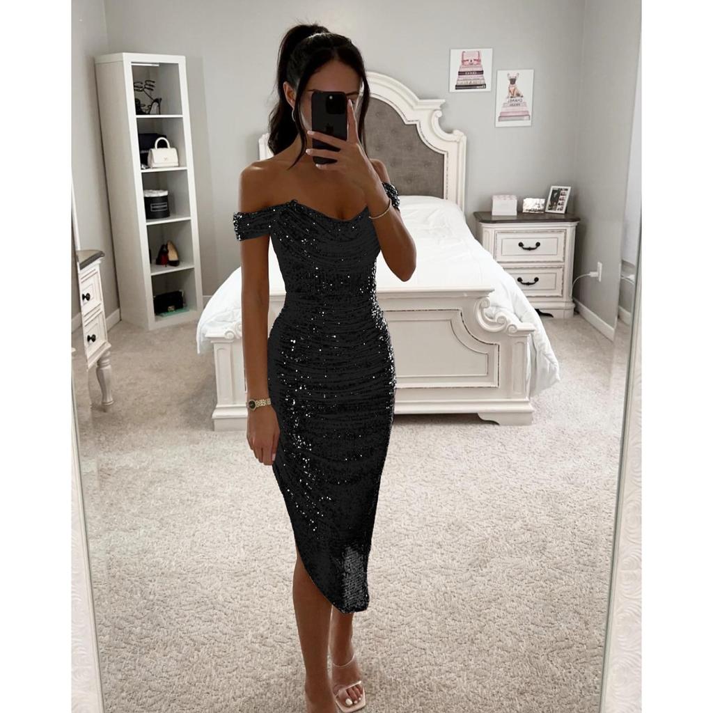 Damen schulterfrei kurzärmliges Midi-Kleid schmale Passform hohe Taille einfarbig Pailletten gerafft Bodycon Kleid