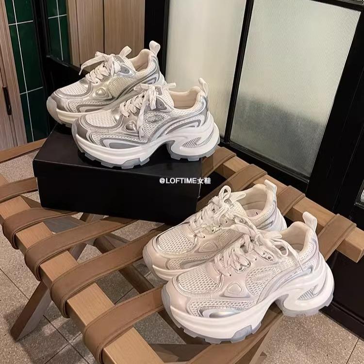 Platform dad shoes women's 2025 summer new fashionable versatile breathable mesh silver heightening casual sneakers