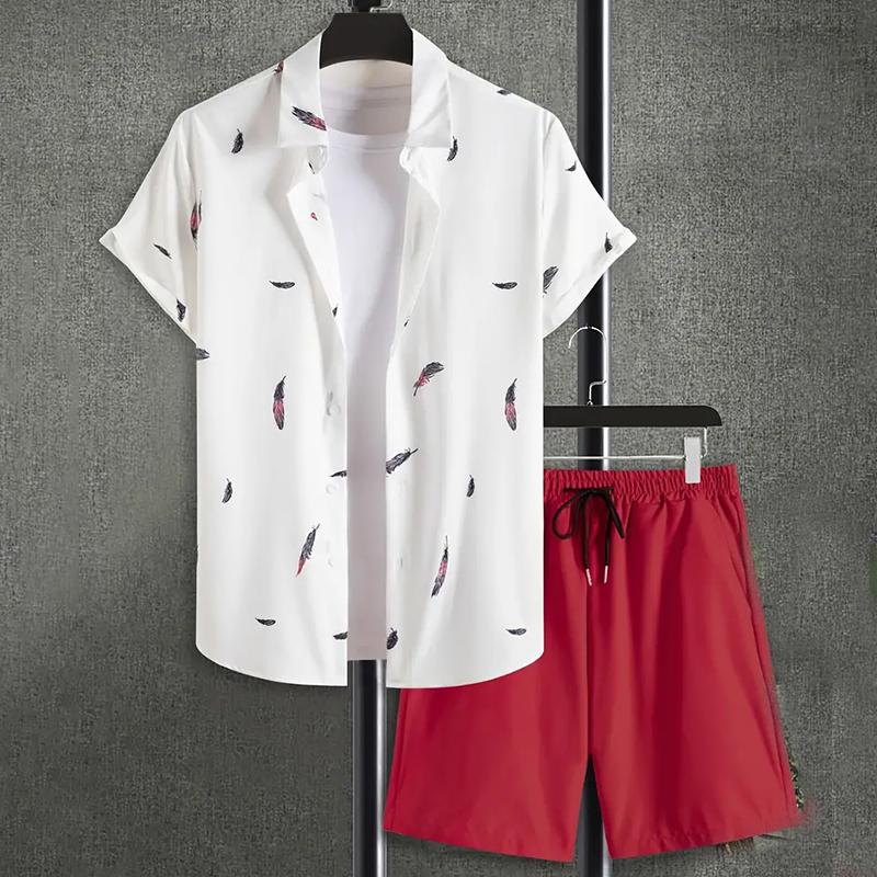Men's Hawaiian Beach Vacation Shirt Men's Short Sleeve Shorts Set Textured Printed Men's 2-Piece Casual Ventilated Men's Set