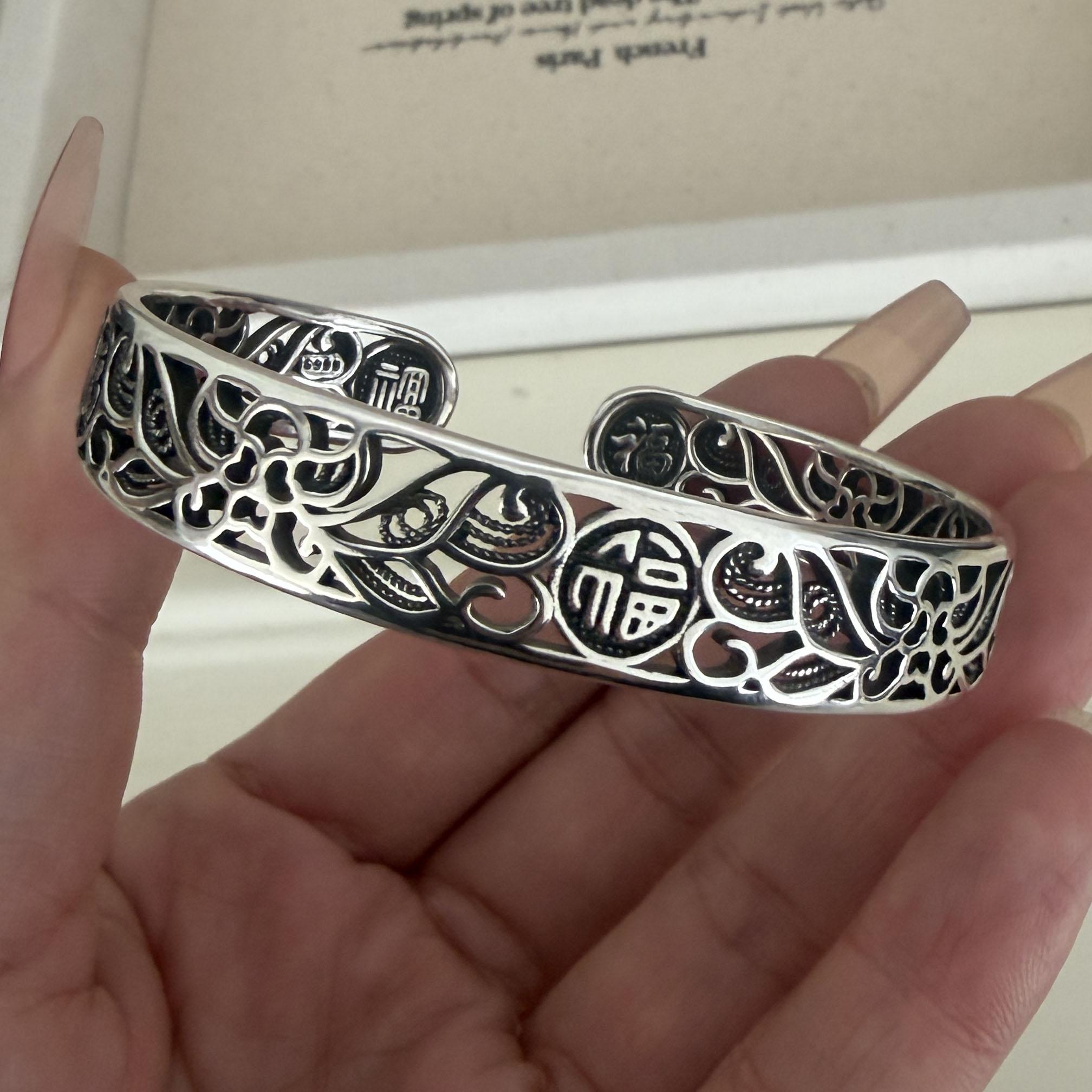 

100% Solid 925 Sterling Silver Retro Bracelet for Women Men Hollow Handmade Wide Chain Hollow Simple Bracelet Birthday Gift
