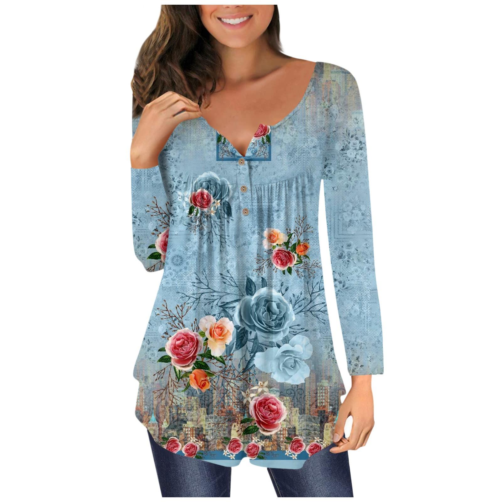Women s Long Sleeve Loose Tops Casual Plus Size Tops Summer Print Button Pleated Tops For Women XXXL синий