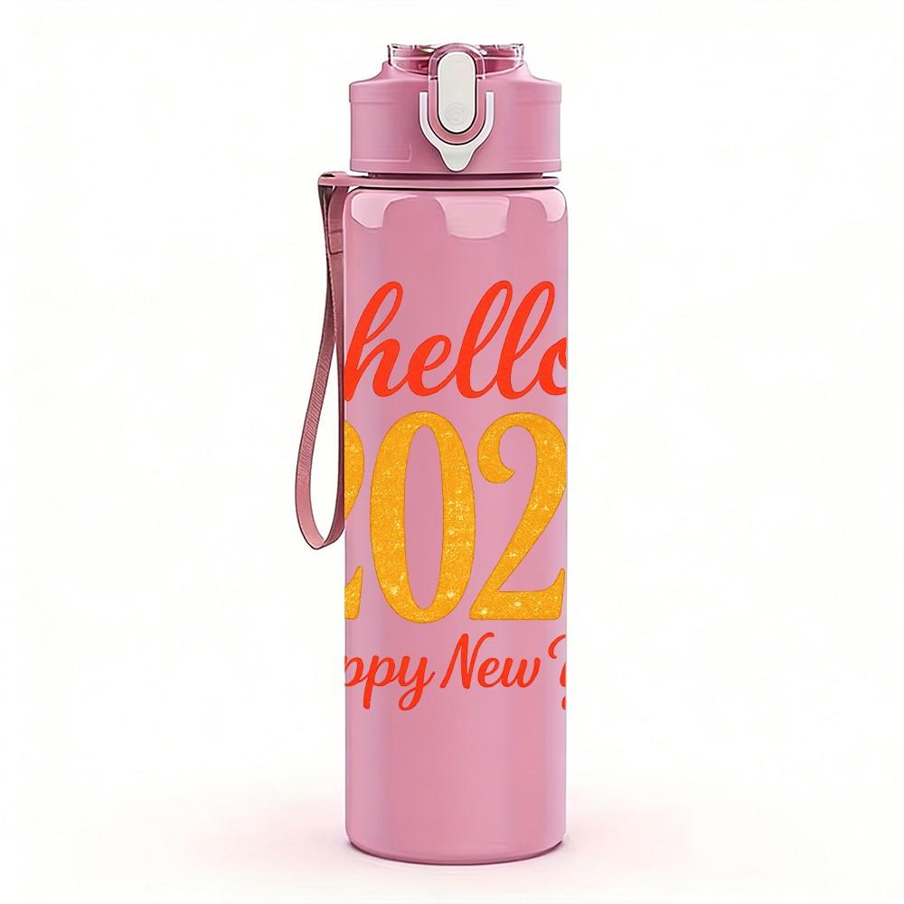 1PC Hello 2026 Happy New Year Print 750ml Color Plastic Sports Water Bottle Leakproof Flip Straw Lid Suitable for Sports Office Home Use