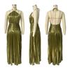 European American Women Metallic Pleated Slit Lace-up Halter Backless Sleeveless Dress