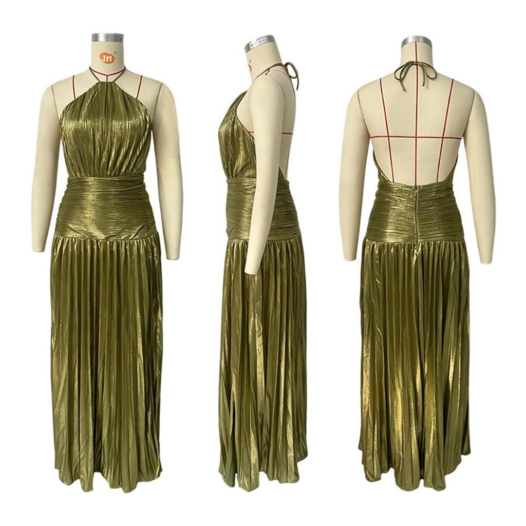 European American Women Metallic Pleated Slit Lace-up Halter Backless Sleeveless Dress