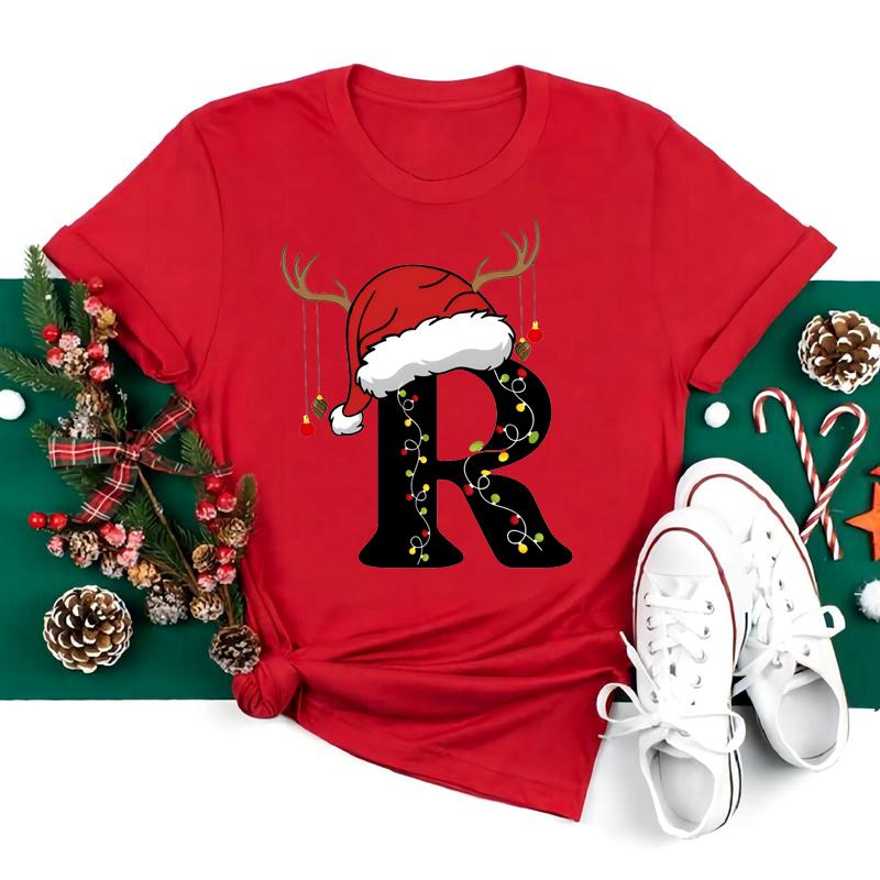New 26 AZ Christmas Alphabet T Shirt Women Casual Fashion Tshirt Short Sleeve Christmas Party Aesthetics fashion Clothing