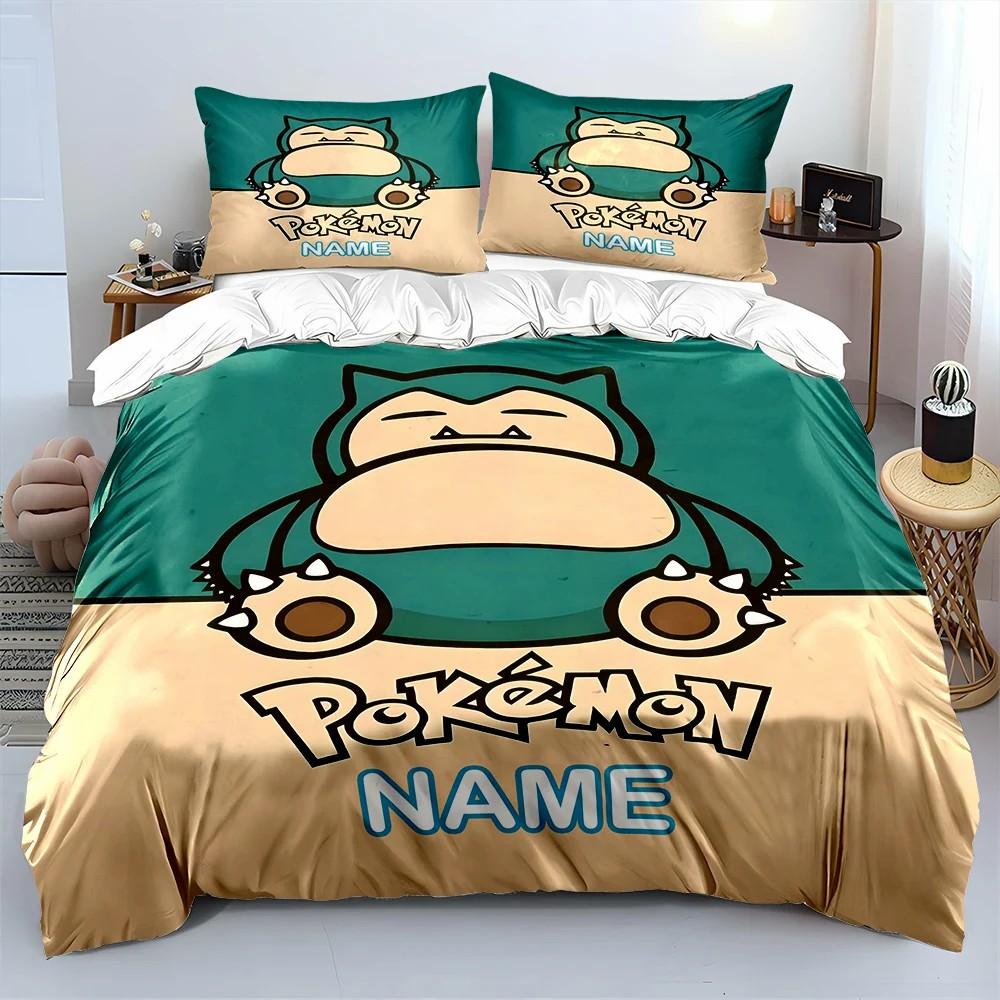 Custom Name Cute Pokemon Snorlax Printed Bedding Set Exquisite Bedding For Double And Single Beds Kids Bedroom 3-Piece Set Gift