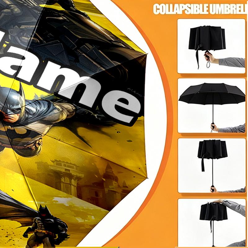 Custom Name Personalized Batman Print Umbrella, Auto Open Close, 8‑Rib Sturdy Frame, Commute Camping Hiking Use, Birthday Gift