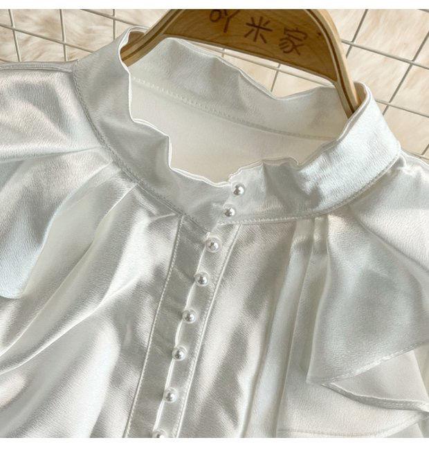 Vintage Solid Blouses Women Elegant Acetate Satin Stand Collar Flare Sleeve Design New Chic Sweet Loose Ruffles Female  Tops