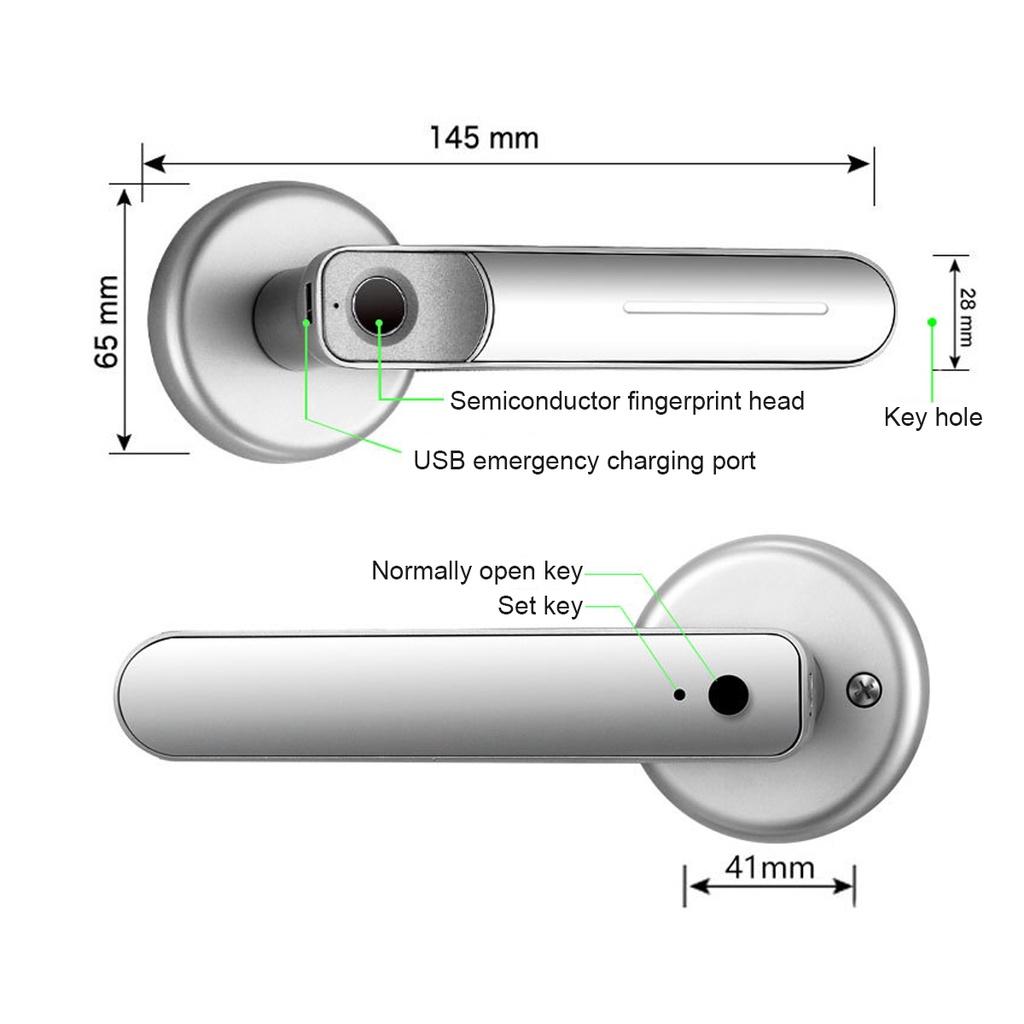 USB Fingerprint Door Lock Handle Rechargeable Anti Theft Smart Biometric Keyless Security Entry Electronic Lock with 2 Keys 145 x 65mm