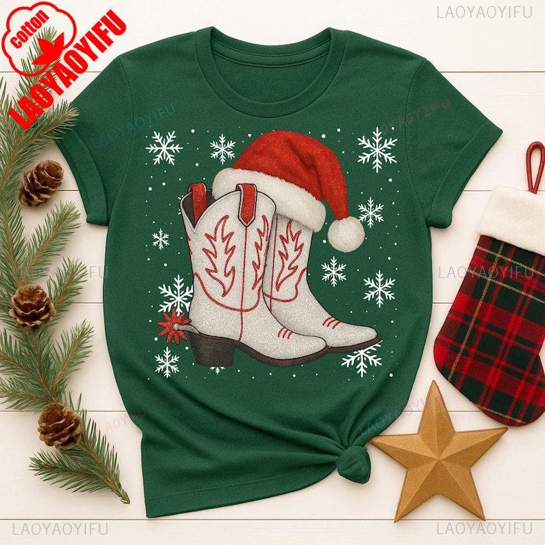 New Year Xmas Cowboy Boots Christmas Holiday TShirts Mugs Western Decor Printed Tshirt Tops Funny Unisex Cotton Tee Top