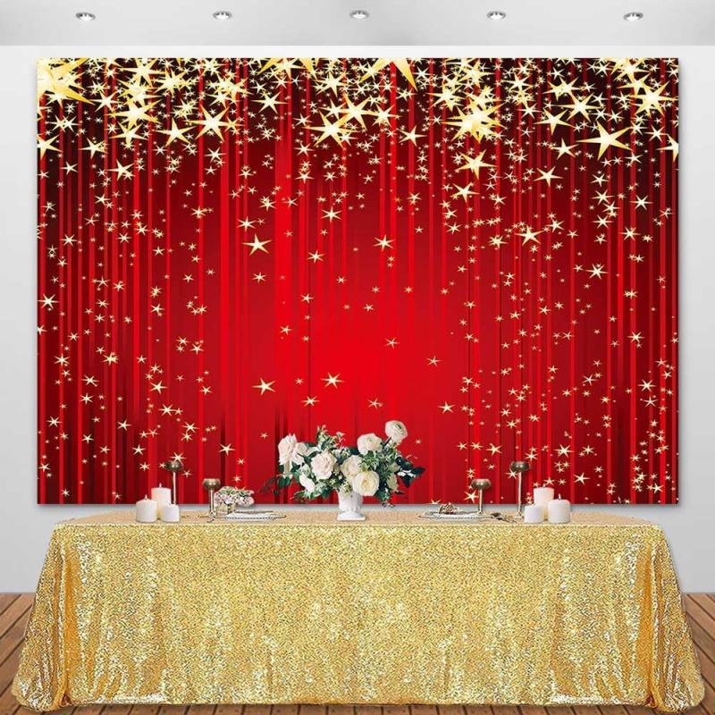 1Pieces2DFlat Red Curtain Gold Star Background Red Carpet Shiny Stars Christmas Photography Background No Power Supply Required