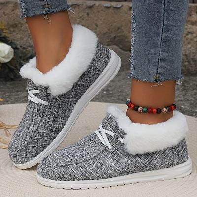 Damen Plüschgefütterte Canvas Schuhe, Winter Thermische Low Top Slip On Schneeschuhe, Bequeme Outdoor Sneakers