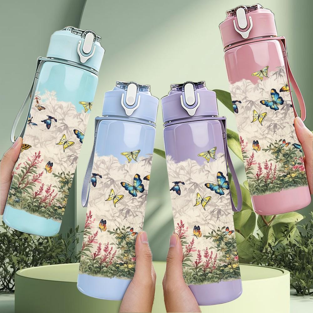 1PC Light Pastel Meadow Wildflower Print 750ml Color Plastic Sports Water Bottle Leakproof Flip Straw Lid Suitable for Sports Office Home Use