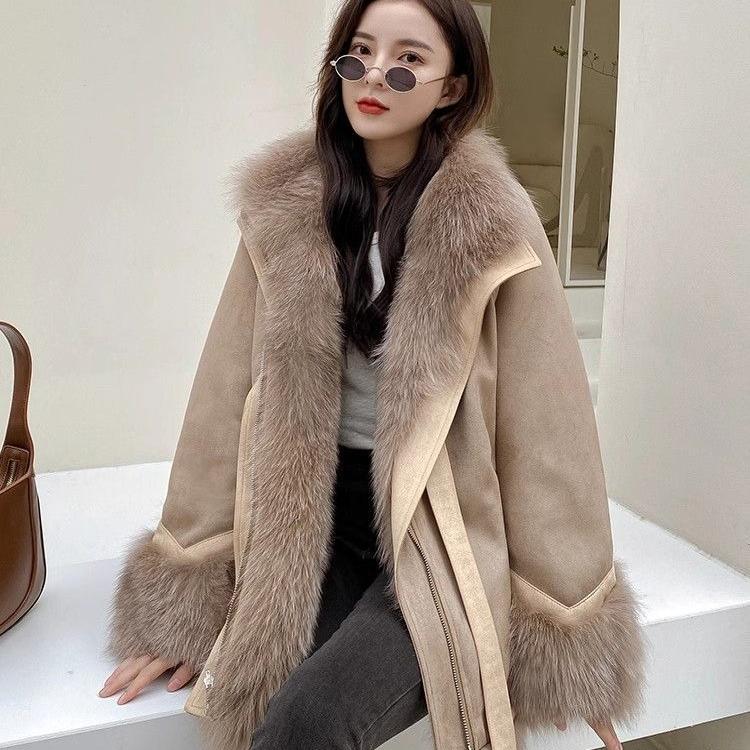 Winter Jacket Outerwear Women Long Warm Suede Parka Coat Patchwork Long Sleeve