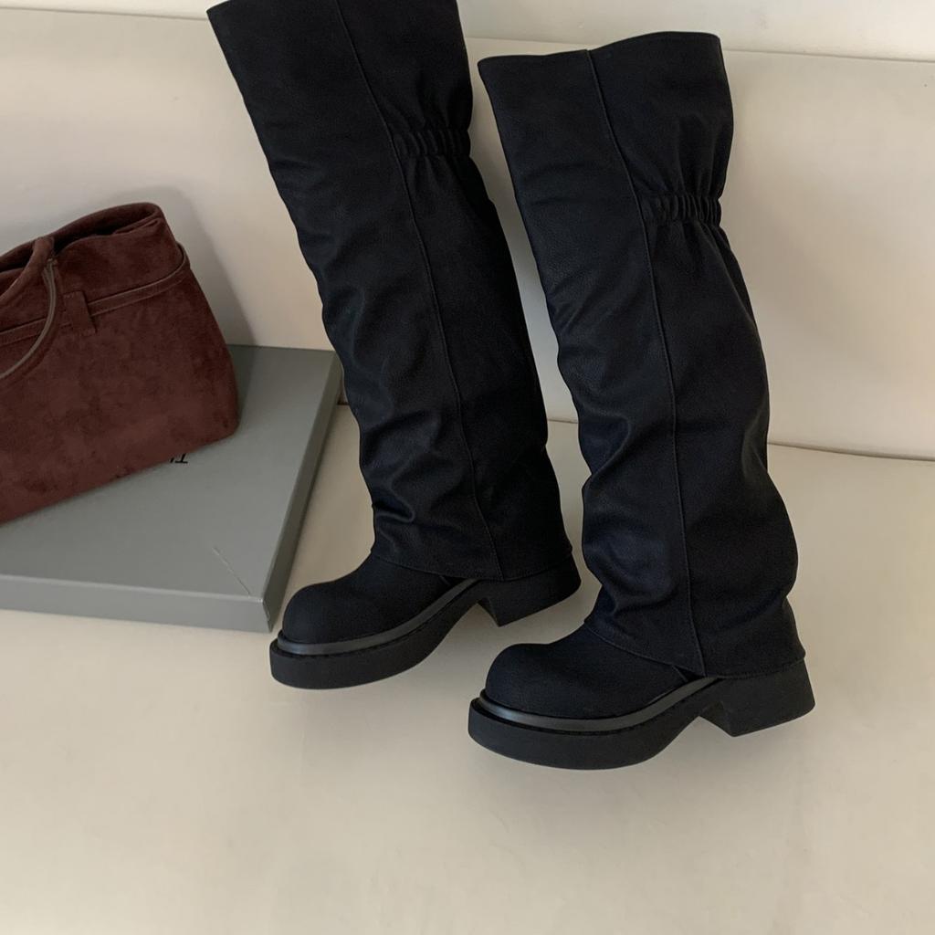 2025 autumn and winter new round head tall tube thin boots trousers women's fashion thick heel knight women's boots