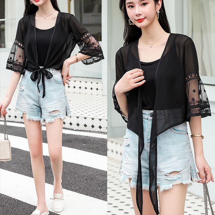Camicia estiva da donna in chiffon con protezione solare, piccolo scialle, sezione sottile, camicetta corta da donna
