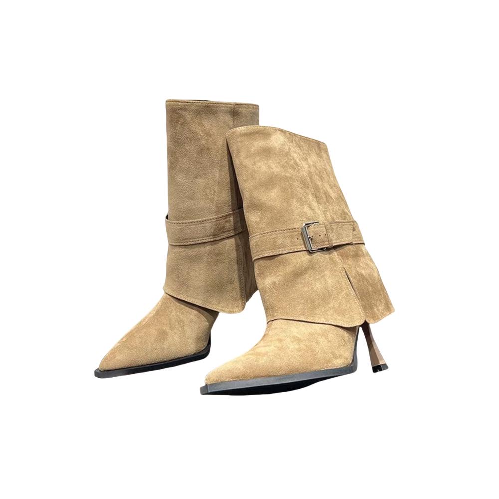 Women's Elegant Retro Buckle Suede Mid-Calf Boots with Pointed Toe and Thin High Heel for Autumn/Winter 2026.