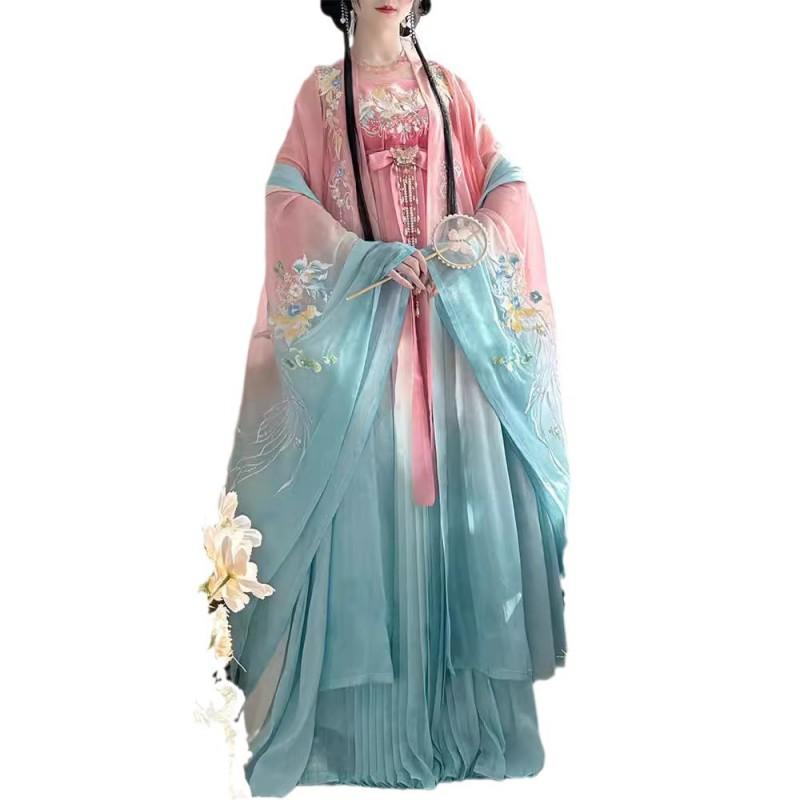 Womens Tang Dynasty Style Hanfu Set With Heavy Embroidery Wide Sleeves Chiffon Fabric Wear