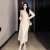 Large size French design square neck long sleeve front shoulder dress women's winter fat mm waist thin inner bottom skirt