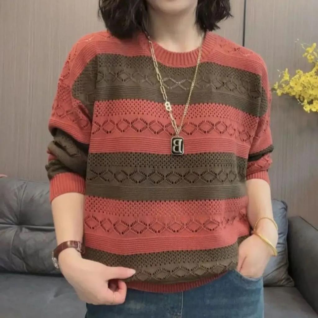 Frühling Herbst Damen Ausgeschnitten Westlicher Stil Mittleren Alters Mutter Langärmliges T-Shirt Strickpullover Locker Gestreiftes Basisshirt