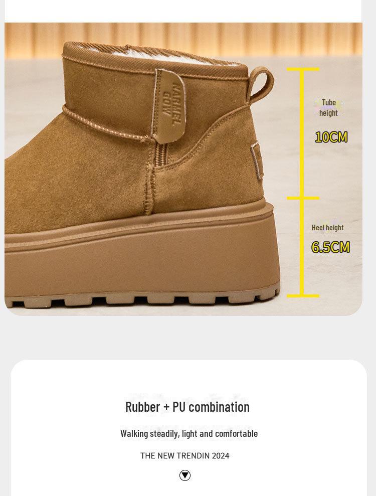 Women's 2024 Warm Leather Snow Boots - Small Size, Low-Top, Non-Slip, Thick-Soled, Height-Enhancing, Plush Winter Short Boots