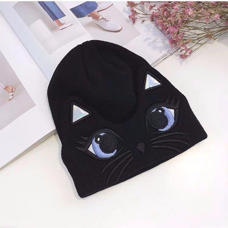 

Style Hat Versatile Minimalist Sweet Cat Ears Womens Warm Knitted Hatsbeanie чорний