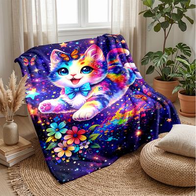 Rainbow Cat In Galaxy Theme Blanket Lightweight Warm Flannel Blanket Decorative Throw Blanket for Home Decoration