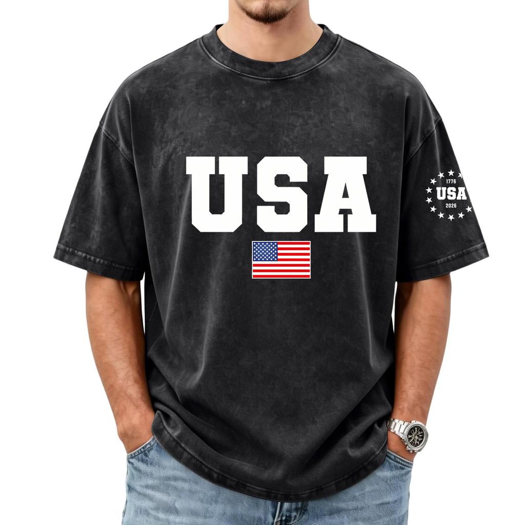 Men's Loose And Casual Flag-print T-shirt, Short Sleeve Shirt