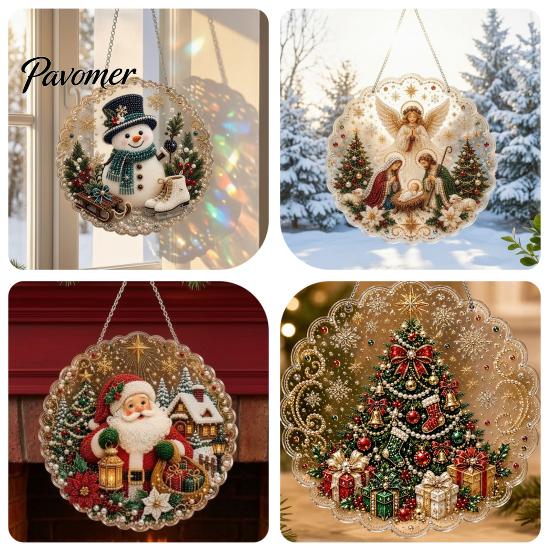 Religiöse Feiertagsdekorationen Weihnachten Perlmuttmalerei Sonnenfänger-Set, 3D Krippe/Weihnachtsmann/Vogel/Baum Festliche Heimdeko Akzente Perlen