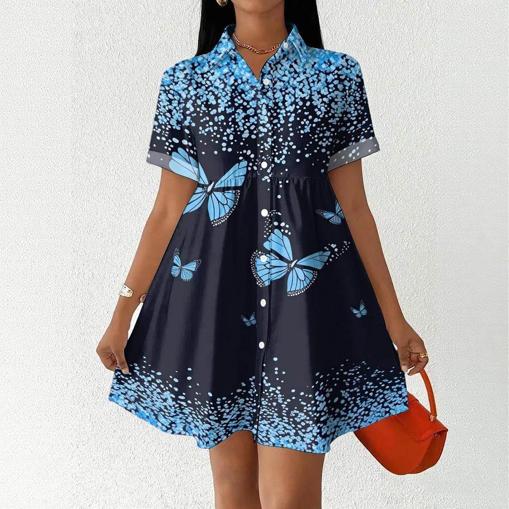 Women’s Casual Loose Fit Shirt Dress Button Down Stand Collar Short Sleeve Relaxed Tunic Dress with Geometric Print