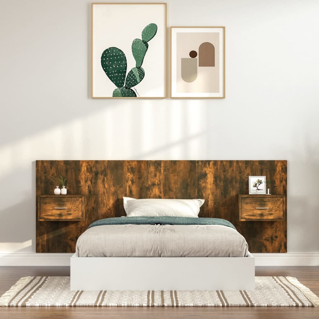 Headboard with Nightstands Smoked Oak Wood Based Material