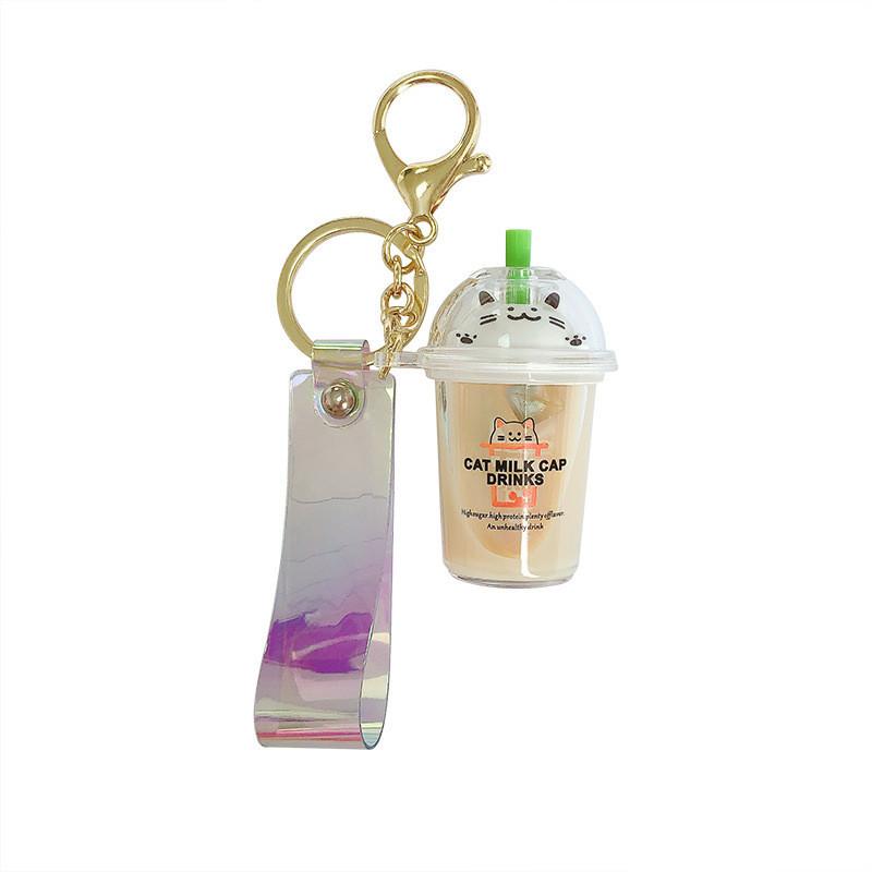 Adorable Cartoon Cat Milk Tea Keychain Cute Acrylic Keyring For Couples And Friends
