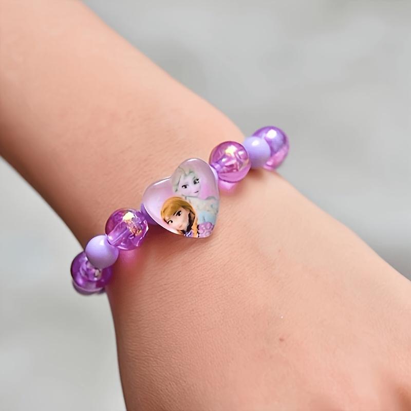 1-4pcs Disney Frozen Princess Elsa Pink Purple Design Multi Color Glitter Beads Bracelet Keychain