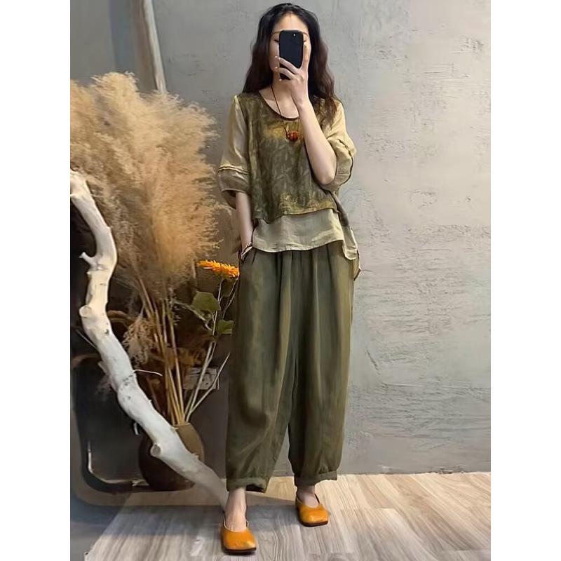2023 Women's Summer Cotton & Linen Print Patchwork Harem Pants and Top Set